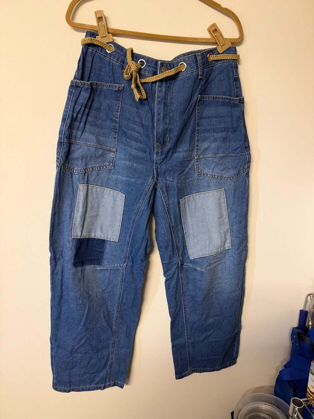 Patchwork Denim Jeans Relaxed Straight Blue Rope Belt